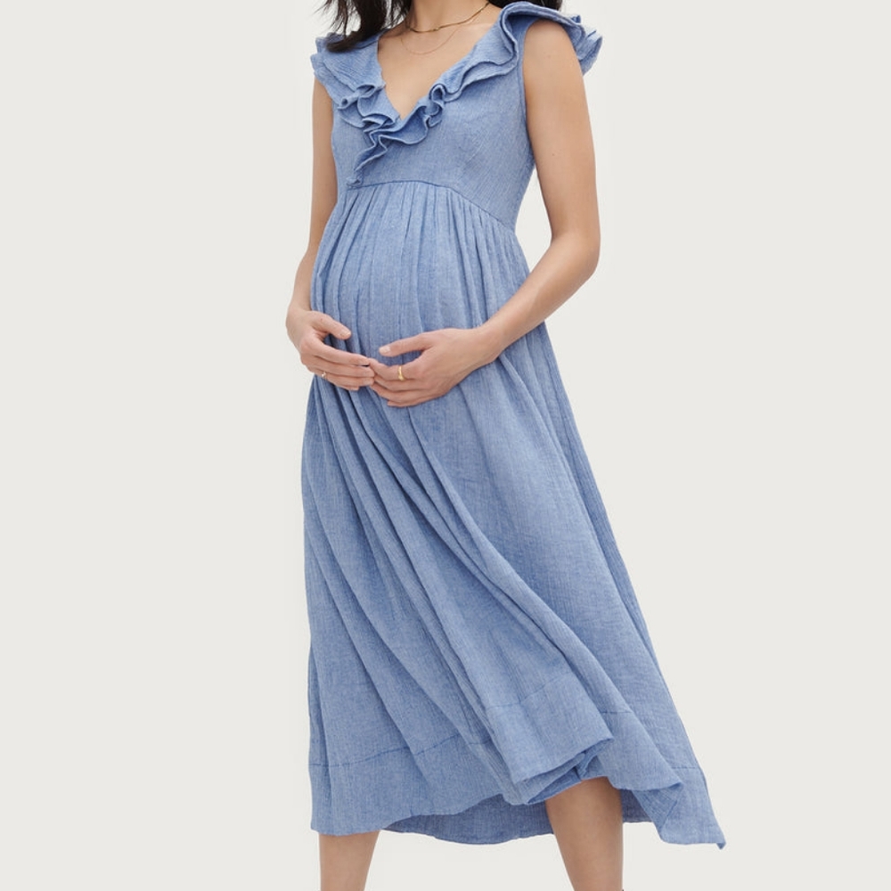 Hatch Chambray Blue Ruffle V-Neck Midi Dress